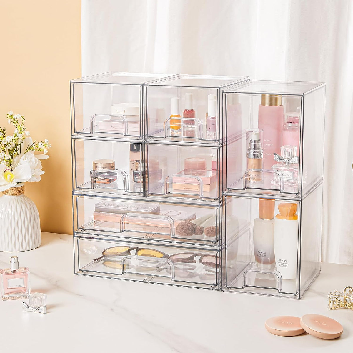 Clear Stackable Storage Drawers Set of 5, Plastic Organizer Bins
