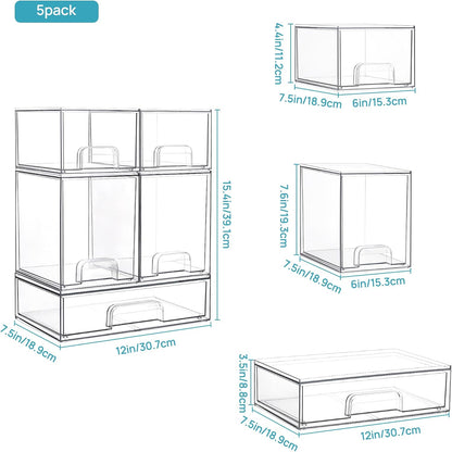 Clear Stackable Storage Drawers Set of 5, Plastic Organizer Bins
