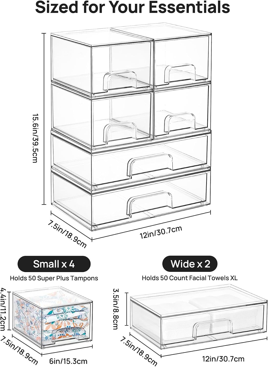 Clear Stackable Storage Drawers Set of 5, Plastic Organizer Bins