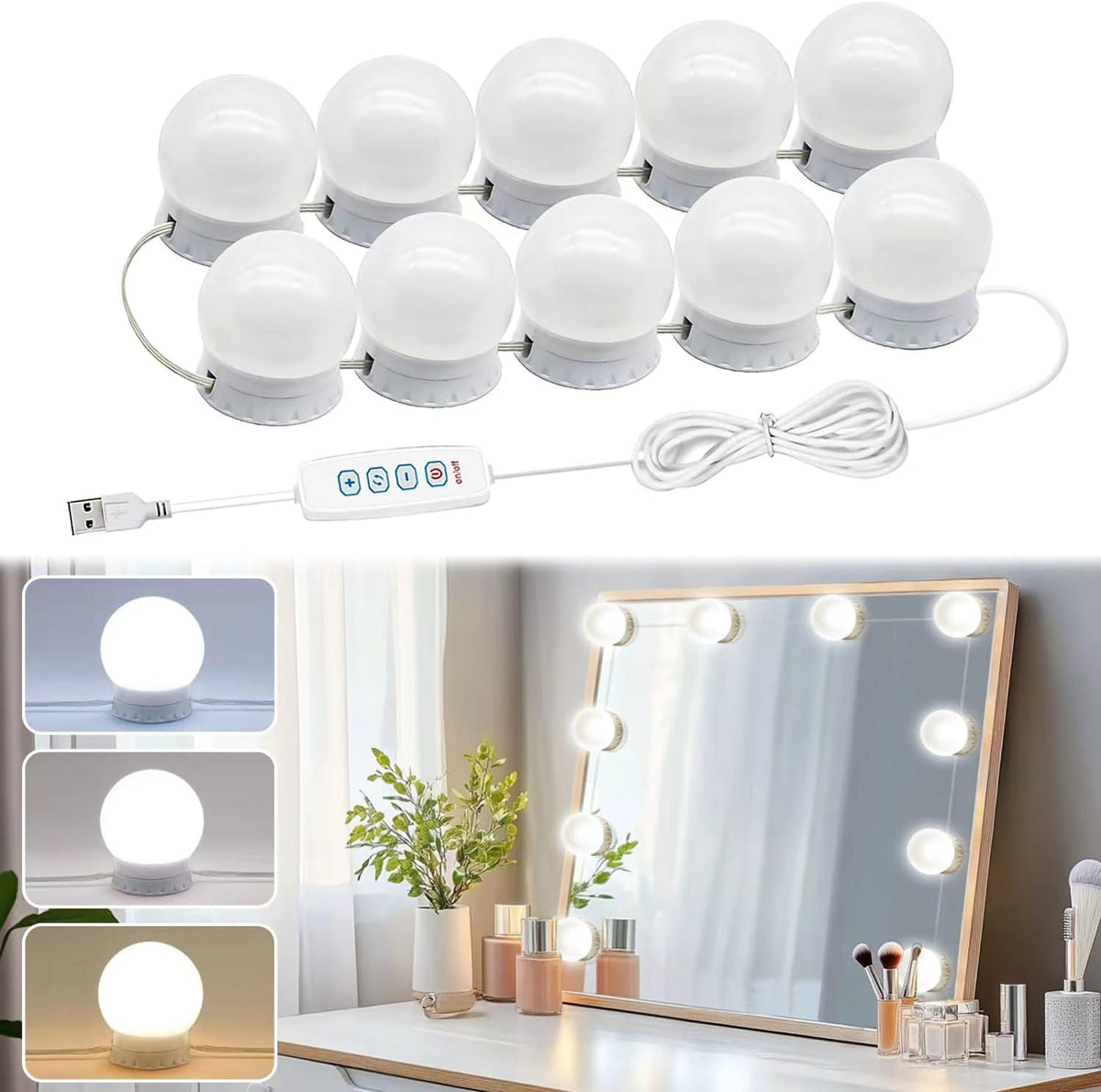 LED Vanity Lights for Mirror, Hollywood Style, 10 Dimmable Bulbs
