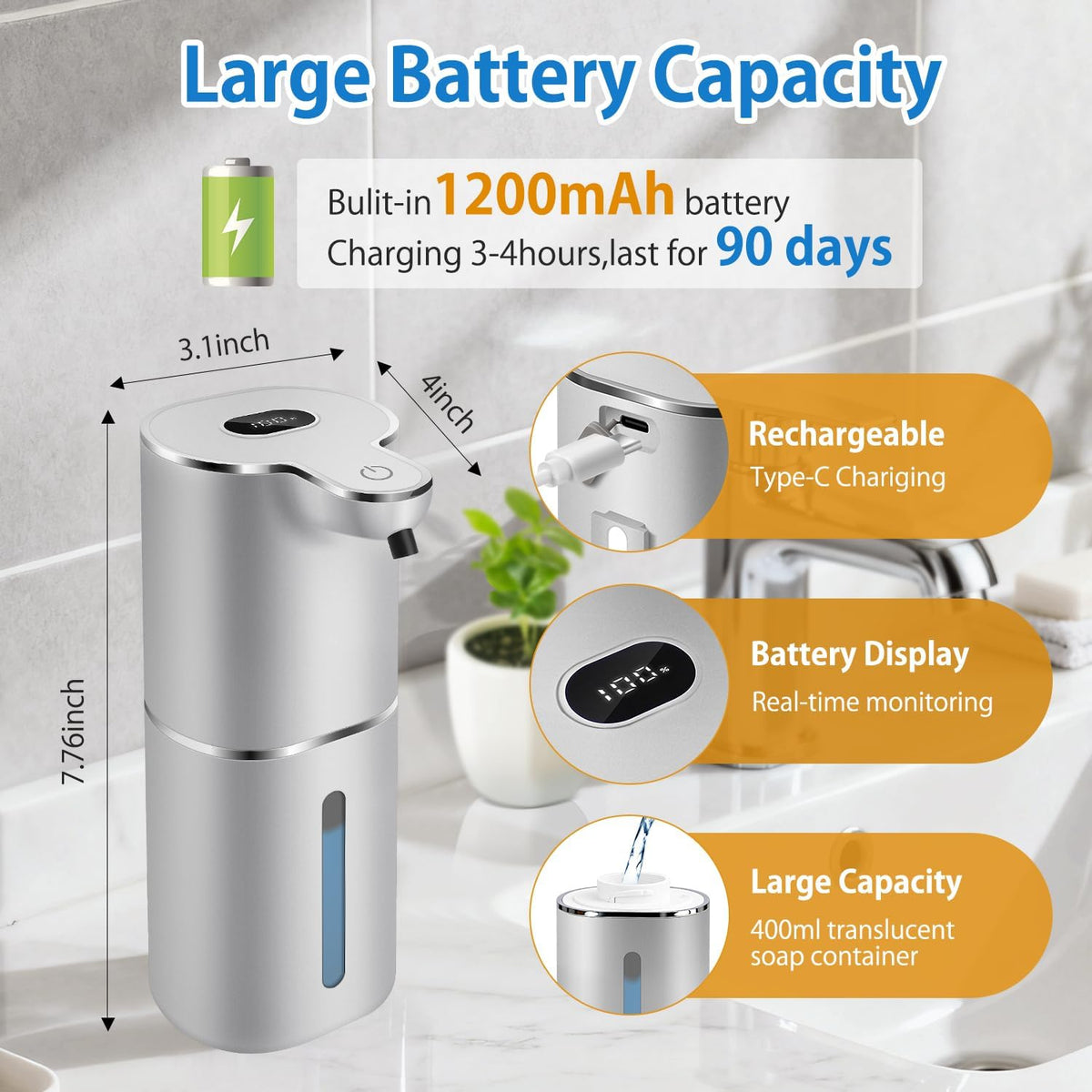 Automatic Foaming Soap Dispenser Digital Display, 6-Level Foam Adjustable