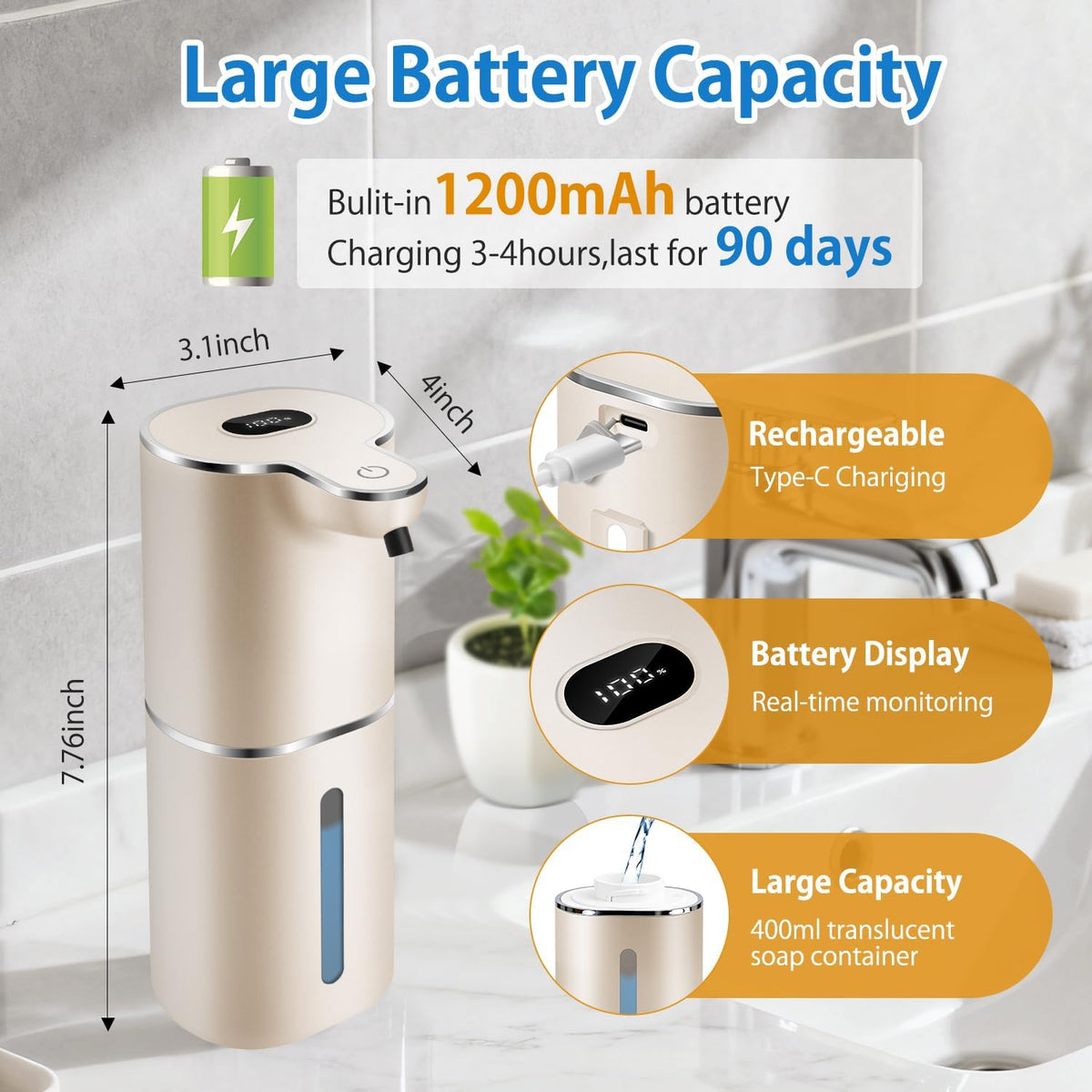 Automatic Foaming Soap Dispenser Digital Display, 6-Level Foam Adjustable