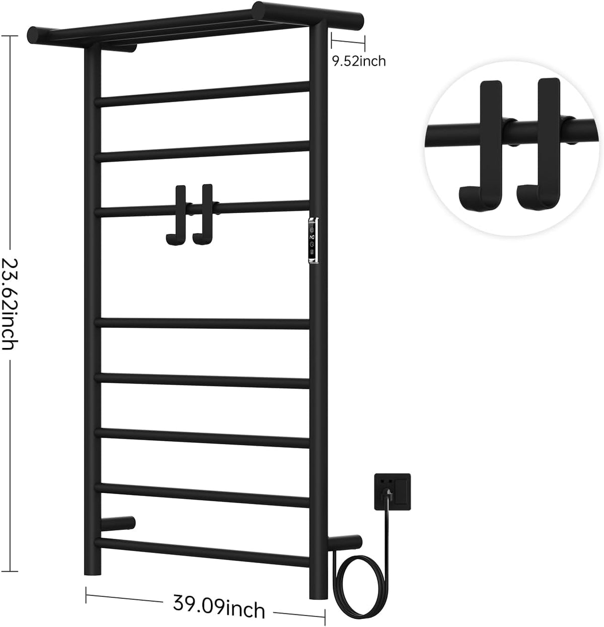 Electric Towel Warmer,8-Hour Timer and Multi-Stage Temperature Adjustment Wall Mounted Towel Rack,Plug-in/Hardwired Stainless Steel Heated Towel bar with 2 Hooks Bathroom SPA(Black, 10-Bar)