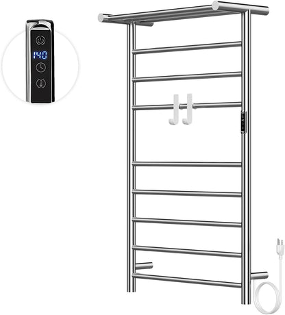 Electric Towel Warmer,8-Hour Timer and Multi-Stage Temperature Adjustment Wall Mounted Towel Rack,Plug-in/Hardwired Stainless Steel Heated Towel bar with 2 Hooks Bathroom SPA(Black, 10-Bar)