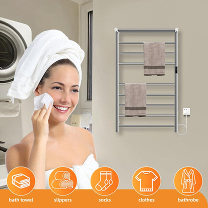 Electric Towel Warmer,8-Hour Timer and Multi-Stage Temperature Adjustment Wall Mounted Towel Rack,Plug-in/Hardwired Stainless Steel Heated Towel bar with 2 Hooks Bathroom SPA(Black, 10-Bar)