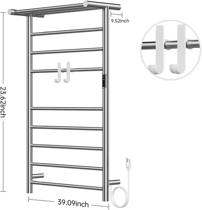 Electric Towel Warmer,8-Hour Timer and Multi-Stage Temperature Adjustment Wall Mounted Towel Rack,Plug-in/Hardwired Stainless Steel Heated Towel bar with 2 Hooks Bathroom SPA(Black, 10-Bar)