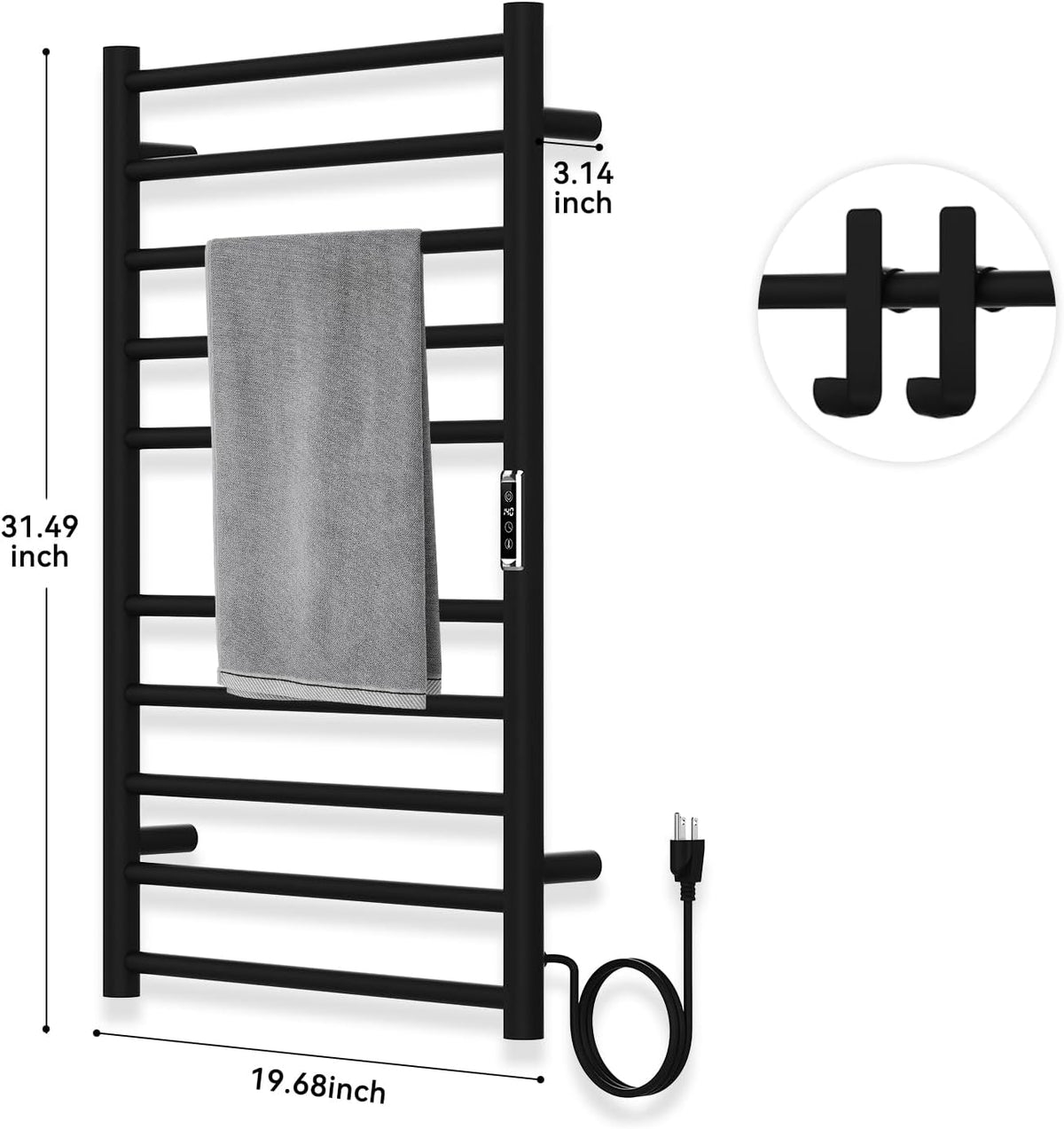 Electric Towel Warmer,8-Hour Timer and Multi-Stage Temperature Adjustment Wall Mounted Towel Rack,Plug-in/Hardwired Stainless Steel Heated Towel bar with 2 Hooks Bathroom SPA(Black, 10-Bar)