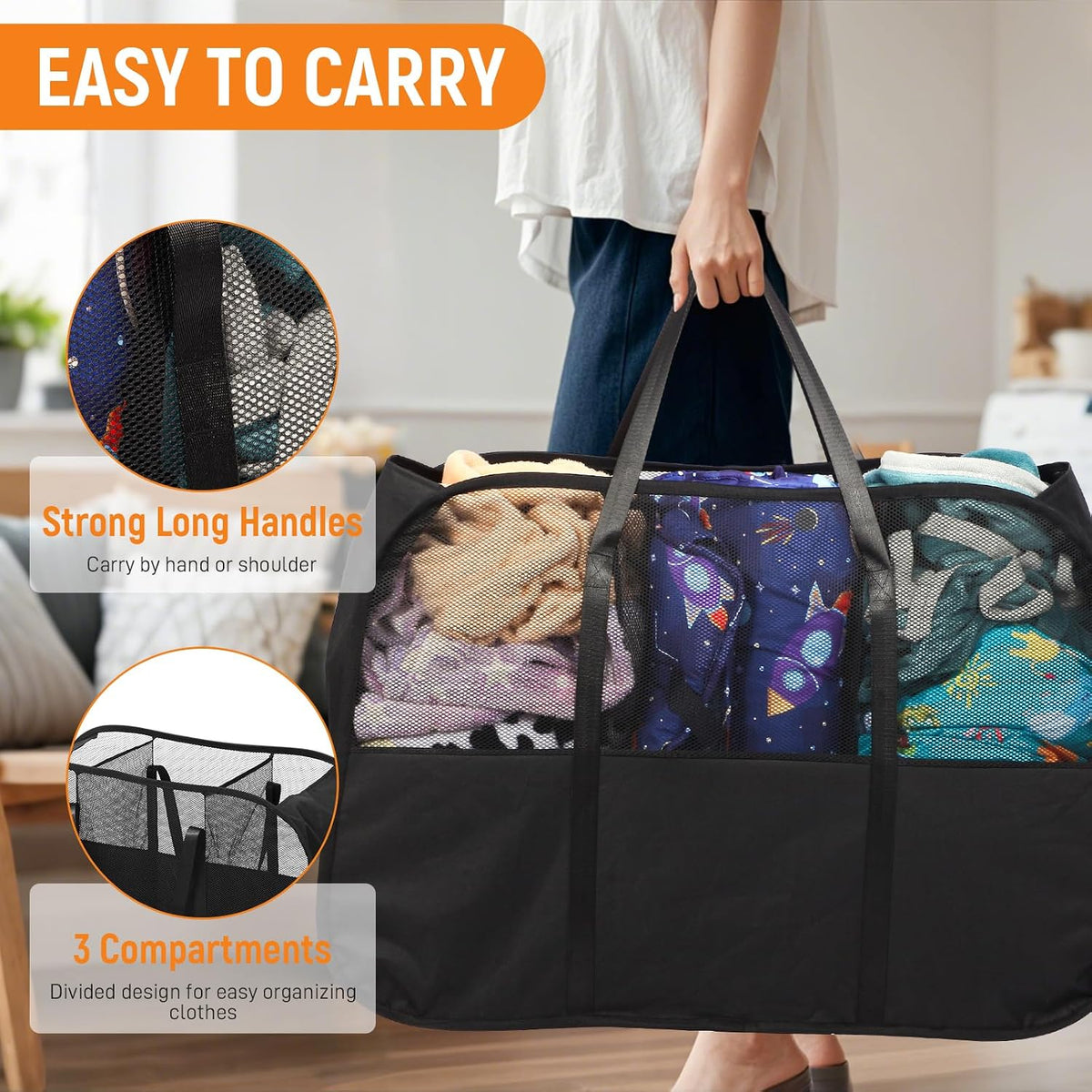 Collapsible Laundry Baskets with Easy Carry Handles, 95L Clothes Hamper for Storage, Foldable Laundry Basket Tear-proof, Large Pop Up Hampers for Laundry, Bedroom, Bathroom, Dorm Grey