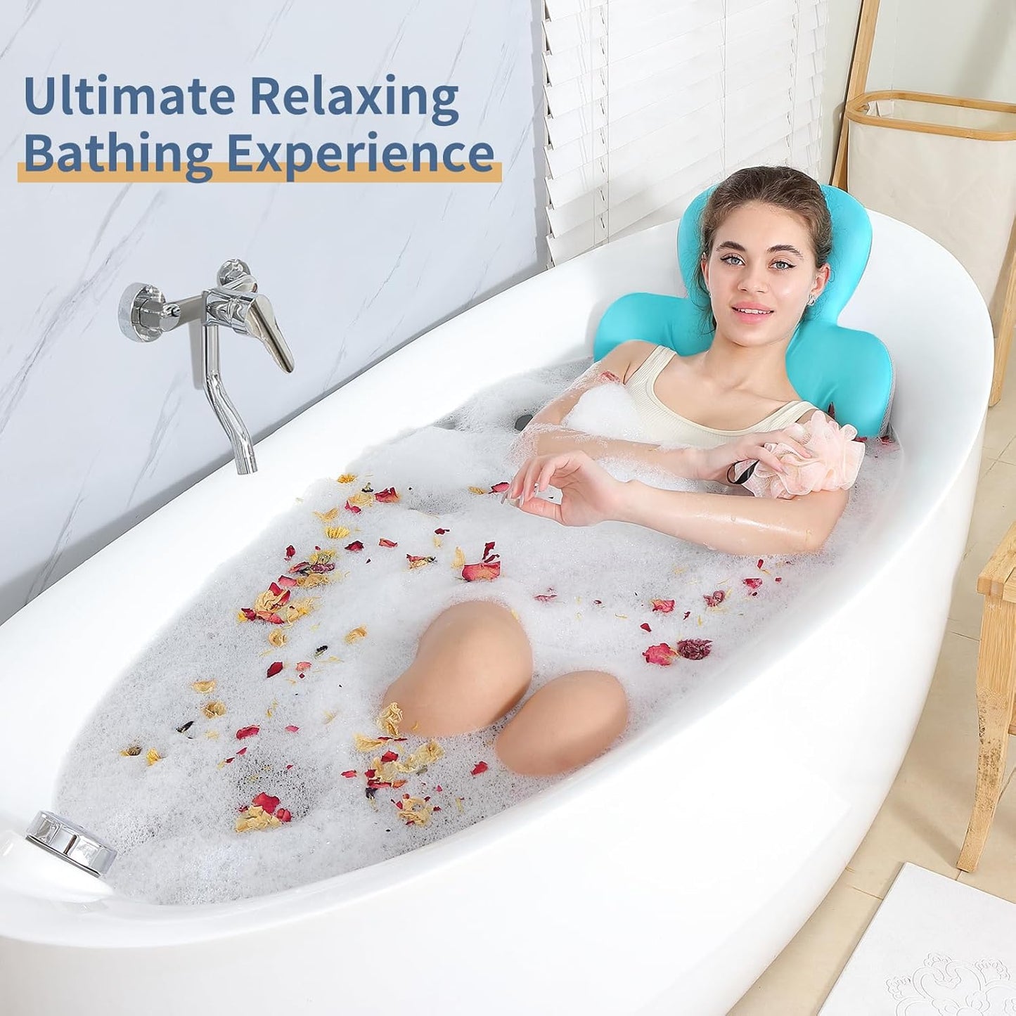 Luxury Bath Cushion, Full Body Bathtub Pillow with 160 Suction Cups, Bath Mat for Head and Neck Support, with Laundry Bag (Light Pink, 51" x 16")