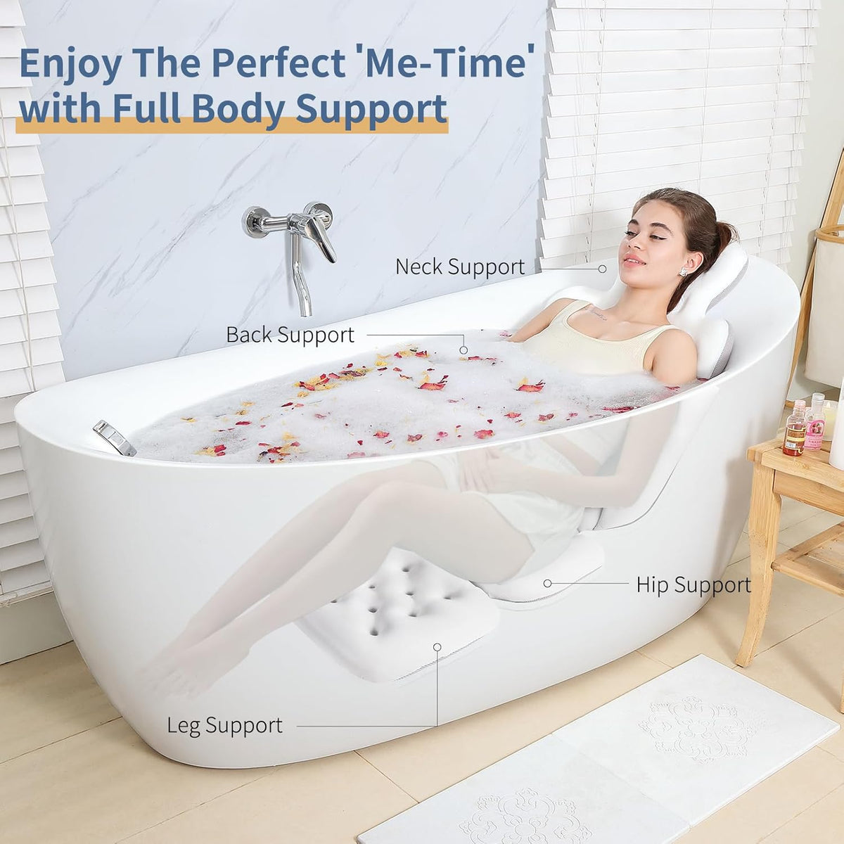 Luxury Bath Cushion, Full Body Bathtub Pillow with 160 Suction Cups, Bath Mat for Head and Neck Support, with Laundry Bag (Light Pink, 51" x 16")