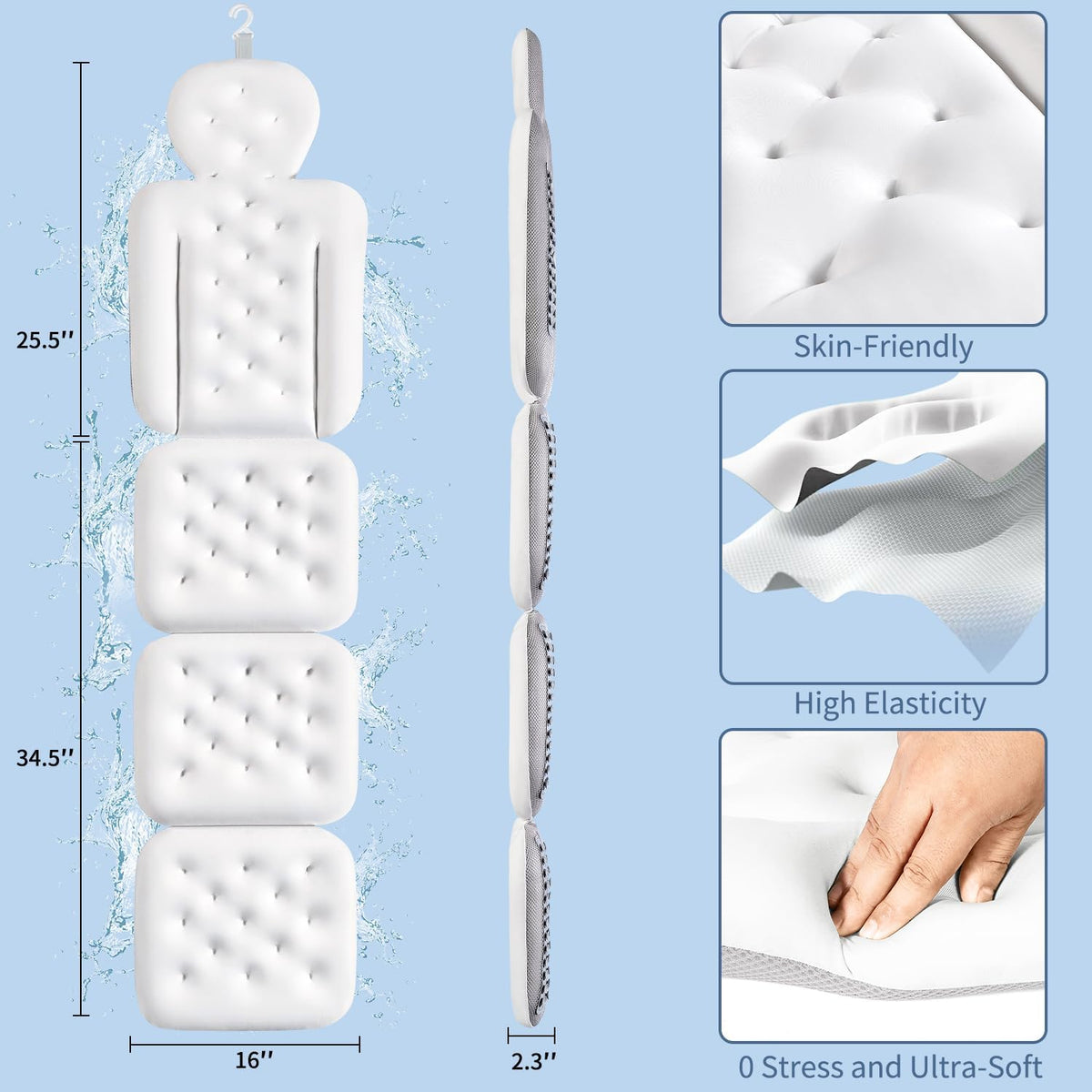 Luxury Bath Cushion, Full Body Bathtub Pillow with 160 Suction Cups, Bath Mat for Head and Neck Support, with Laundry Bag (Light Pink, 51" x 16")