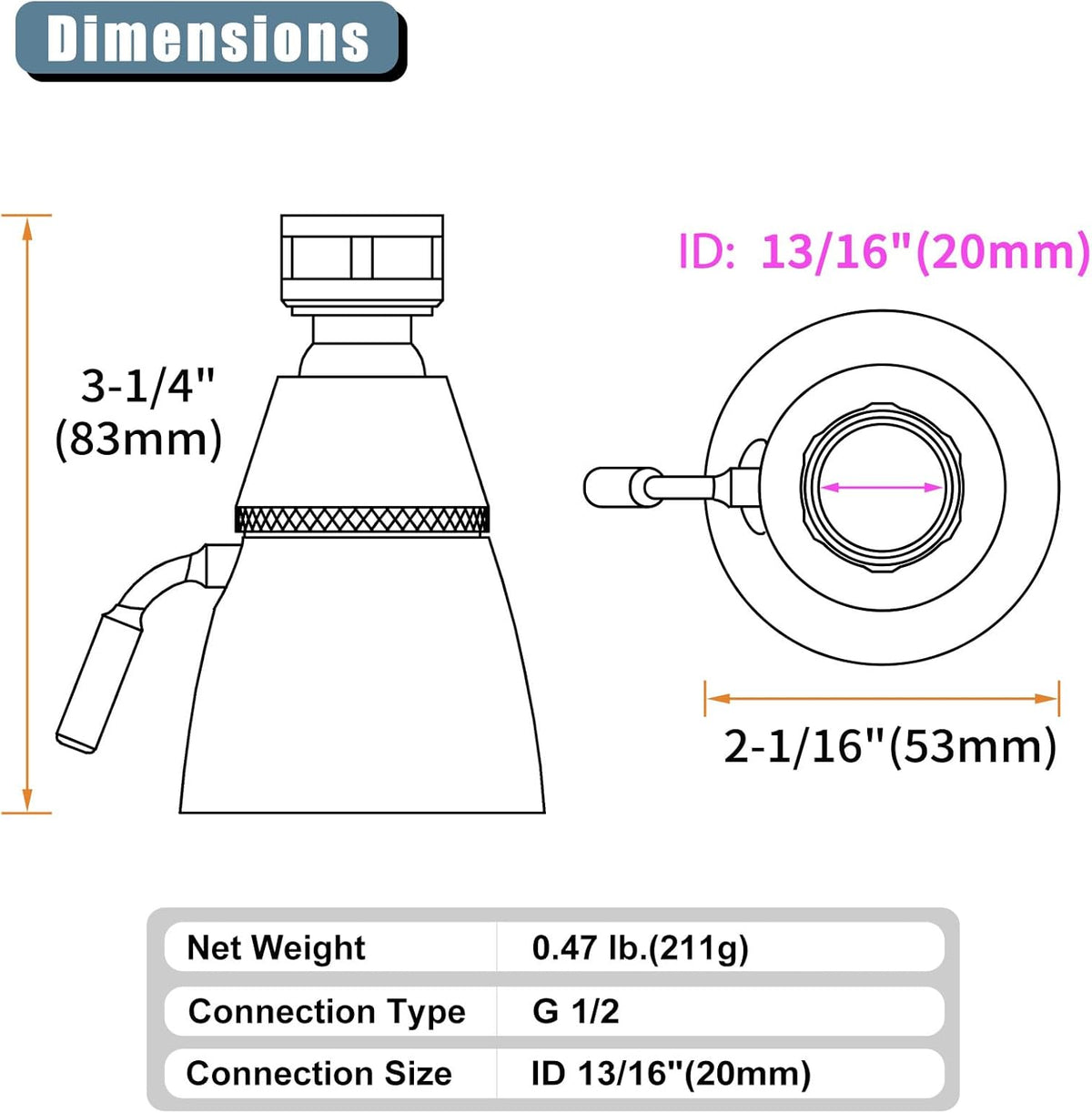 Shower Head High Flow, Brass Shower Sprayer, Brushed Nickel | G 1/2 Thread Type, High Pressure for Quick Rinsing, Swivel Joint & Adjustable Lever for Different Angle and Water Flow