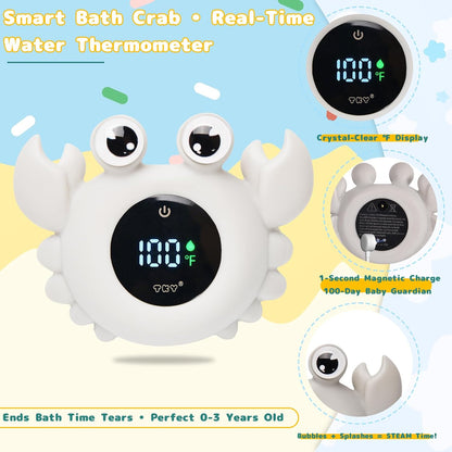 Baby Bath Thermometer Water Temp Safety Essential,Rechargeable Crab Toy | Tub Temperature LED Display,Color Warn(Cold/Comfortable/Hot),Newborn&Infants Water Temp Safe 2-in1 Bath floating Toy for Kids
