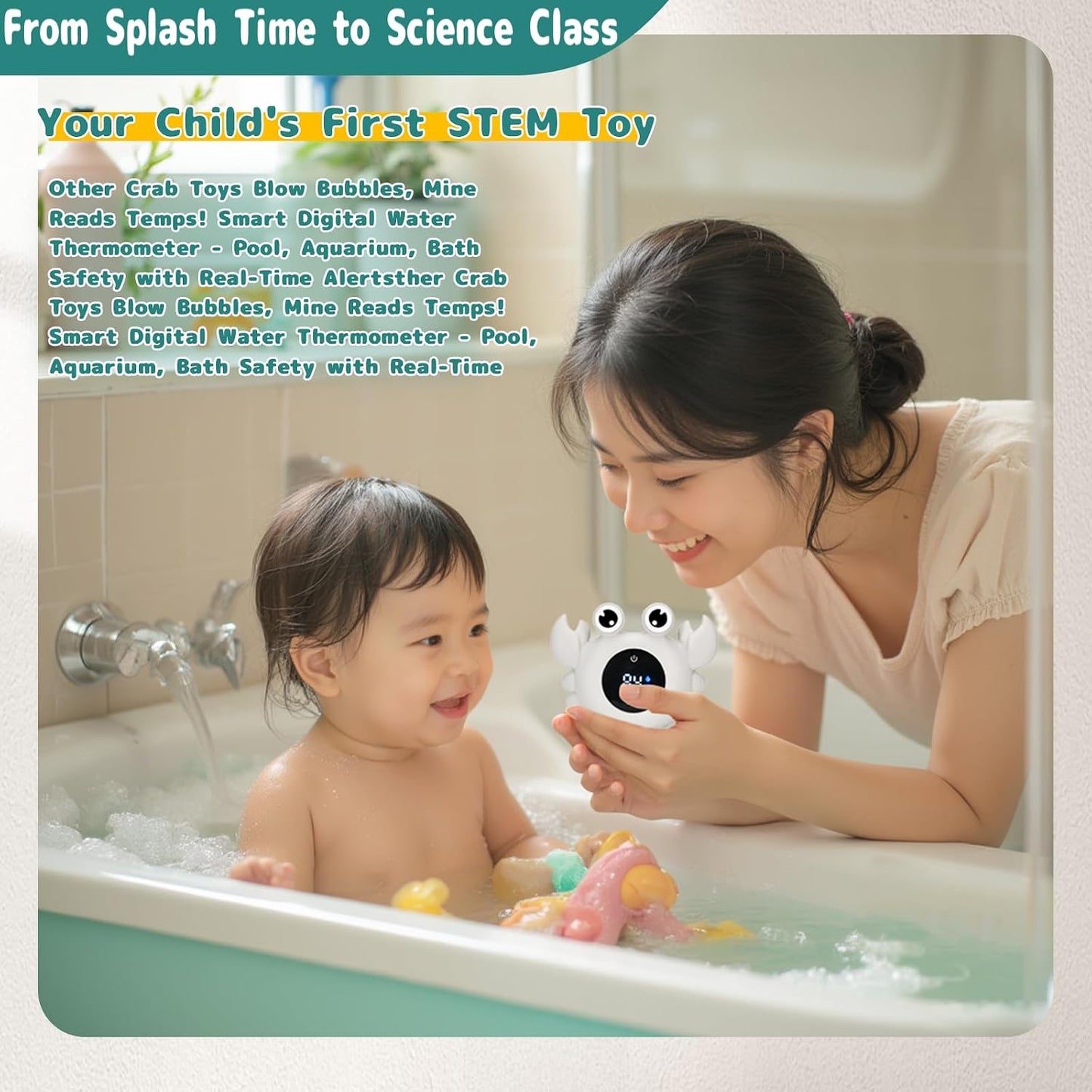 Baby Bath Thermometer Water Temp Safety Essential,Rechargeable Crab Toy | Tub Temperature LED Display,Color Warn(Cold/Comfortable/Hot),Newborn&Infants Water Temp Safe 2-in1 Bath floating Toy for Kids