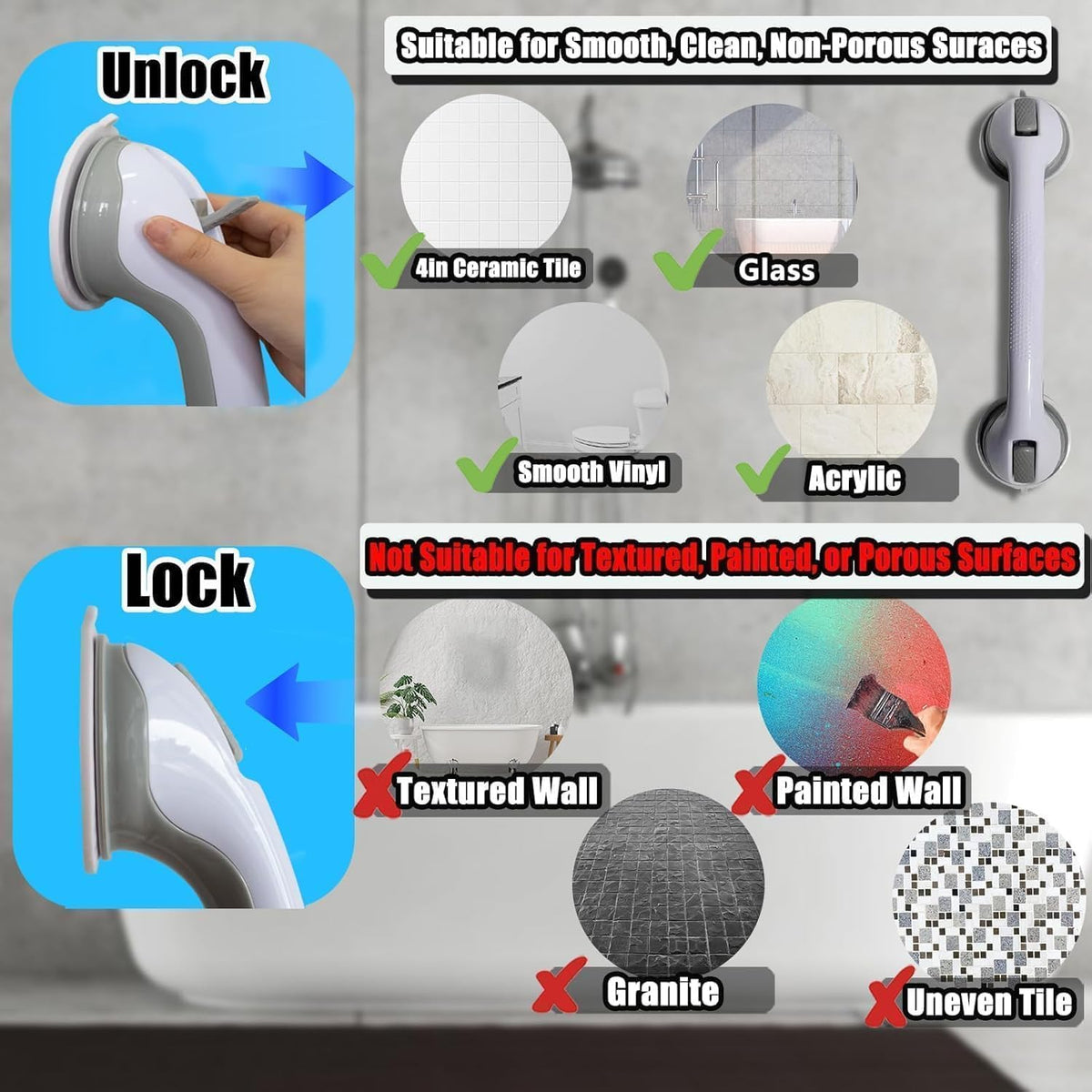 Shower Grab Bars for Seniors, Shower Handles for Elderly Suction Cup,2 Pack 16.15 Inch,Handicap Grab Bars for Bathtubs and Showers Wall, Bathroom Safety for Showers Walls Heavy Duty, No Drilling，Grey