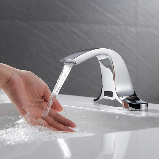 Automatic Touchless Bathroom Sink Faucet Commercial Sensor Motion Activated | Deck Cover Plate,Battery Operated,Hands Free,Auto,Temperature Valve,Water Saving,Modern,Stylish,Basin,Chrome,Vanity,Bath