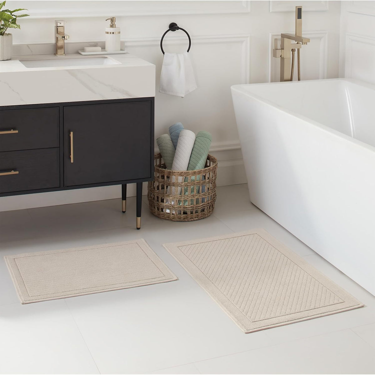 100% Cotton Bathroom Rug - High Absorbent Stylish Textured Woven Design Bath Mat, Slip Resistant Backing for Shower and Bathtub Floor, 24x36 in - White