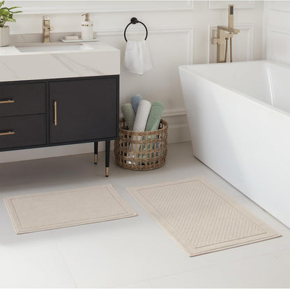 100% Cotton Bathroom Rug - High Absorbent Stylish Textured Woven Design Bath Mat, Slip Resistant Backing for Shower and Bathtub Floor, 24x36 in - White