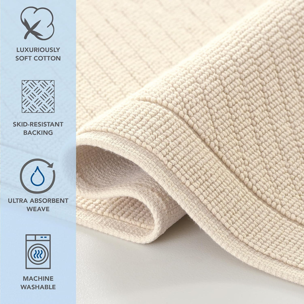 100% Cotton Bathroom Rug - High Absorbent Stylish Textured Woven Design Bath Mat, Slip Resistant Backing for Shower and Bathtub Floor, 24x36 in - White