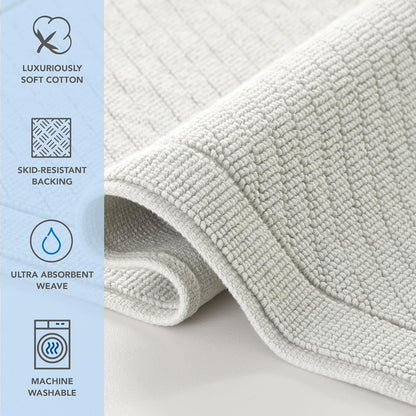 100% Cotton Bathroom Rug - High Absorbent Stylish Textured Woven Design Bath Mat, Slip Resistant Backing for Shower and Bathtub Floor, 24x36 in - White