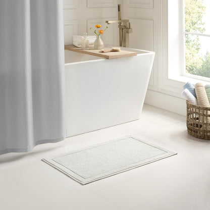 100% Cotton Bathroom Rug - High Absorbent Stylish Textured Woven Design Bath Mat, Slip Resistant Backing for Shower and Bathtub Floor, 24x36 in - White