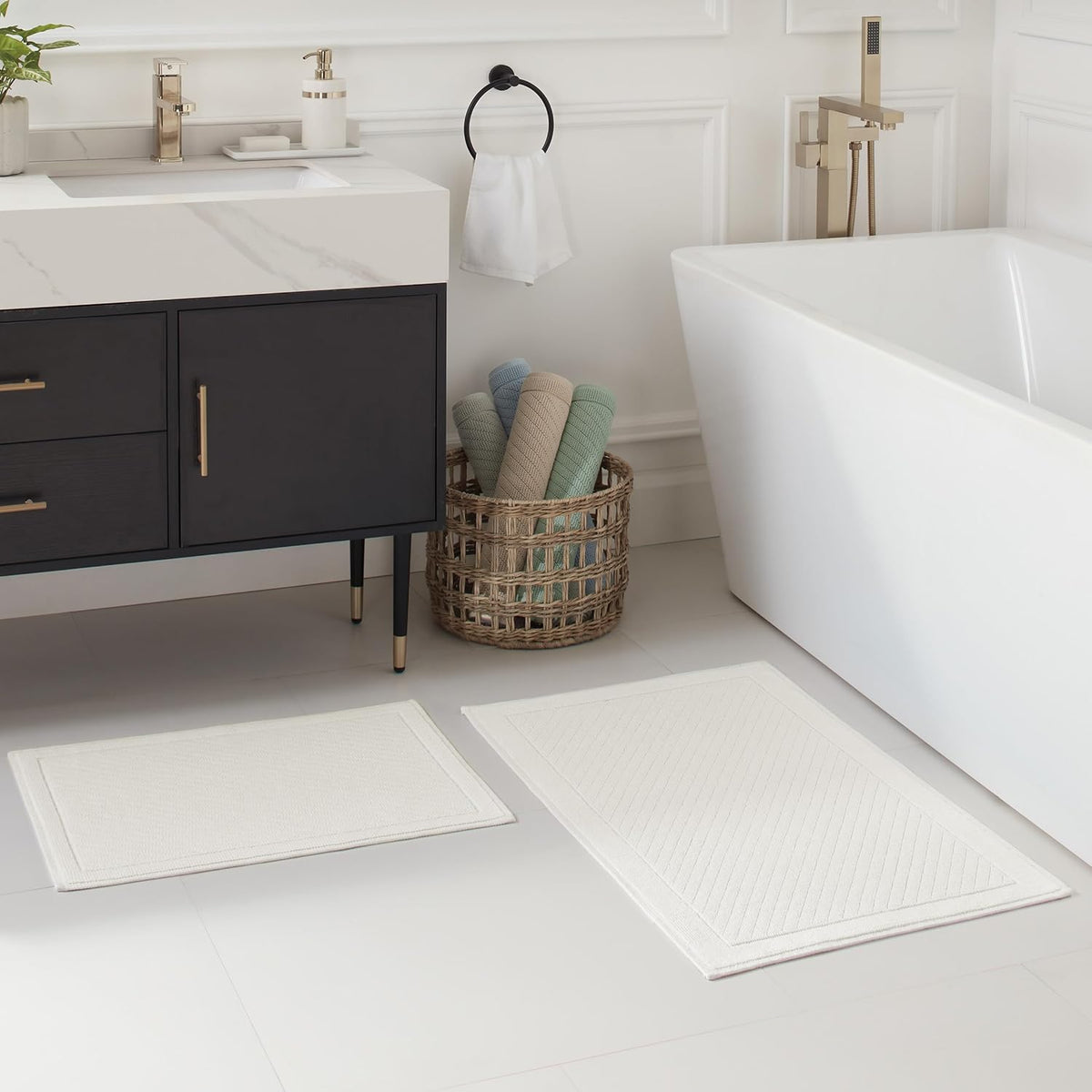 100% Cotton Bathroom Rug - High Absorbent Stylish Textured Woven Design Bath Mat, Slip Resistant Backing for Shower and Bathtub Floor, 24x36 in - White