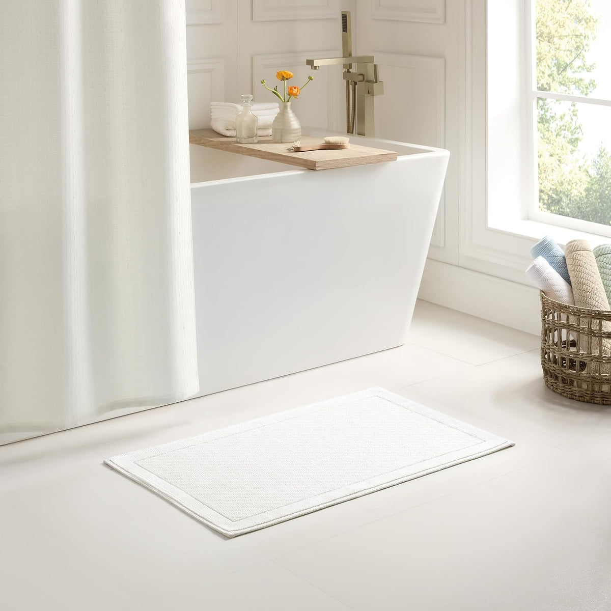 100% Cotton Bathroom Rug - High Absorbent Stylish Textured Woven Design Bath Mat, Slip Resistant Backing for Shower and Bathtub Floor, 24x36 in - White