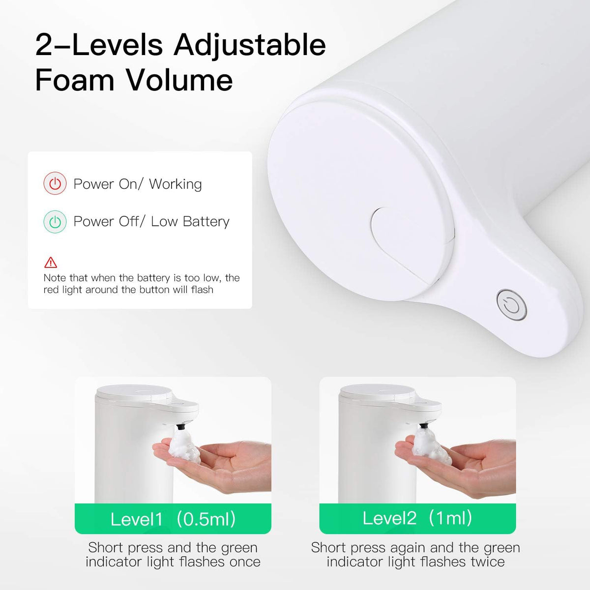 Automatic Foaming Soap Dispenser - Touchless Battery Operated Foam Soap Pump, 280ml (9.8 fl.oz) with IPX4 Waterproof, 2-Level Adjustable Volume for Kitchen & Bathroom, Garage, Offic, School