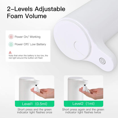 Automatic Foaming Soap Dispenser - Touchless Battery Operated Foam Soap Pump, 280ml (9.8 fl.oz) with IPX4 Waterproof, 2-Level Adjustable Volume for Kitchen & Bathroom, Garage, Offic, School
