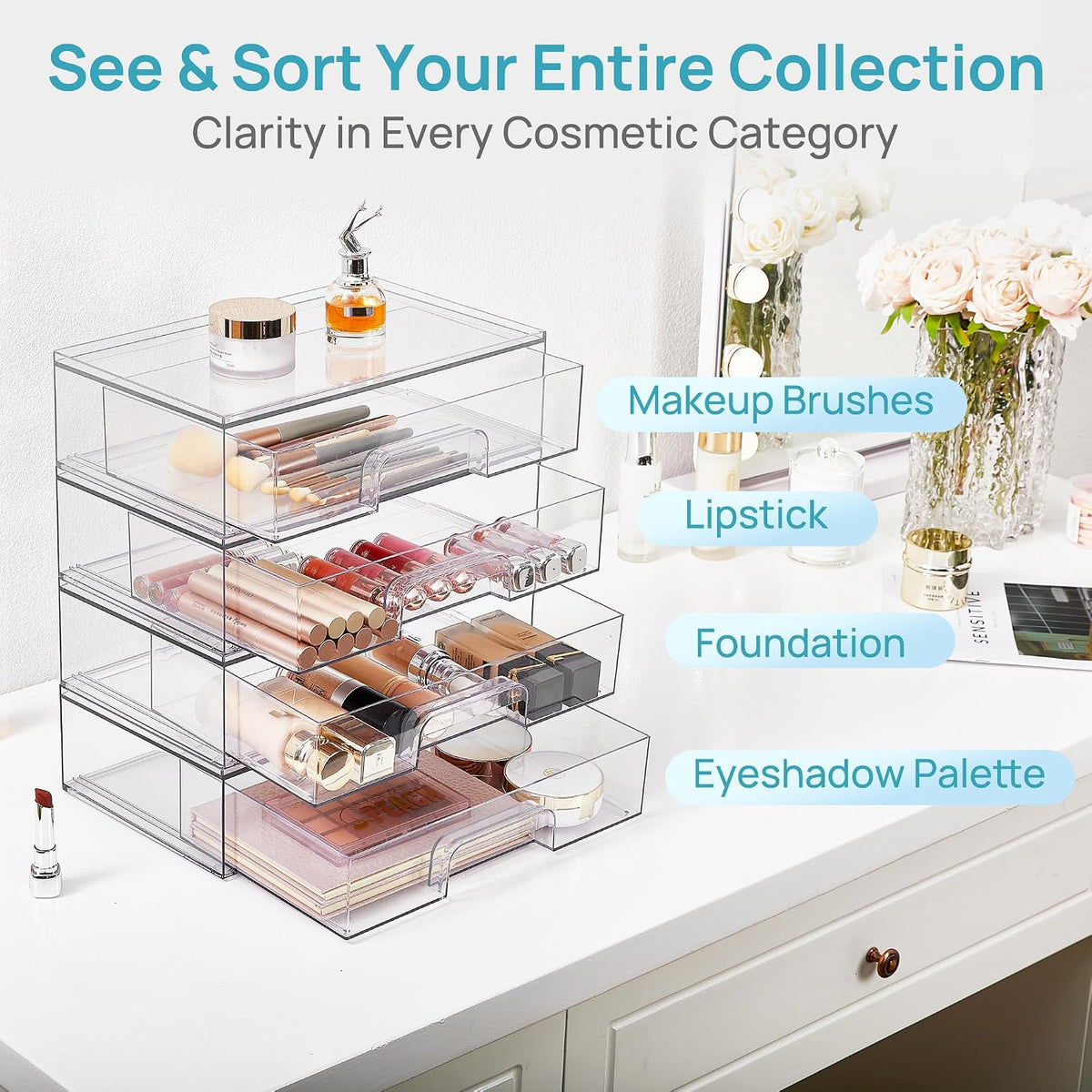 Small Clear Stackable Storage Drawers, Fits Narrow Spaces