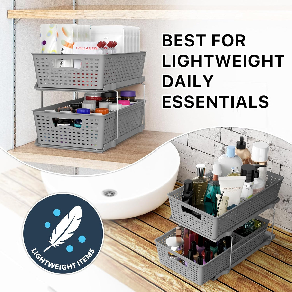 2 Tier Pull-Out Sliding Drawer Under Sink Storage, Black