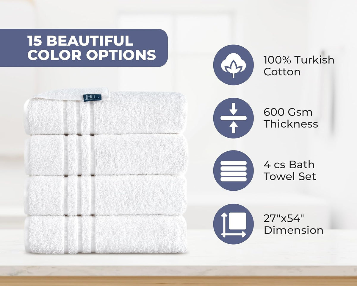 White Bath Towels 4 Pack 27 x 54 Inches 100% Turkish Cotton Soft Lightweight and Highly Absorbent Quick Drying Towels, Premium Quality Perfect for Daily Use