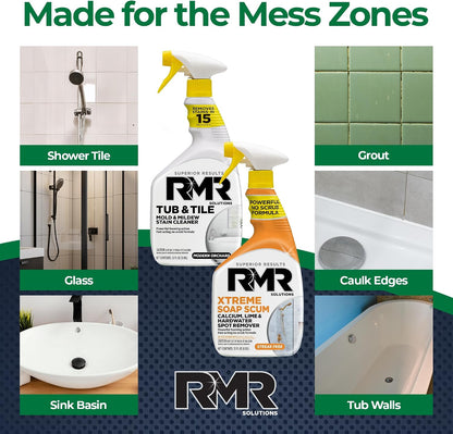 RMR Bathroom Breakthrough Bundle – Tub & Tile Cleaner + Xtreme Soap Scum Remover, 2-Step Deep Clean System for Shower, Tub, Tile, Grout, & Glass Buildup, Stains, & Grime, 2–32 Oz Bottles