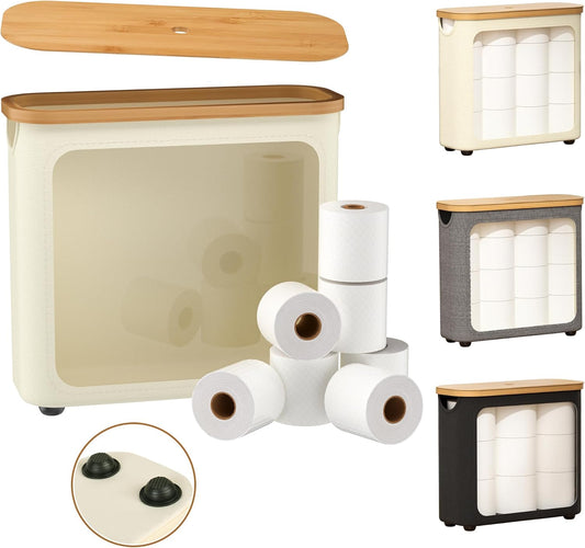 Toilet Paper Storage with Bamboo Lid,Beige Foldable Basket | for Bathroom ,Holds 9 Mega/12 Regular Rolls,Waterproof Toilet Paper Holder Storage with Non-Slip Base,Black