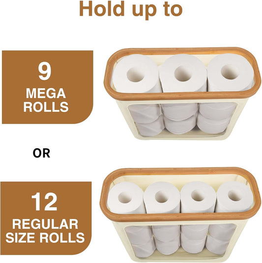 Toilet Paper Storage with Bamboo Lid,Beige Foldable Basket | for Bathroom ,Holds 9 Mega/12 Regular Rolls,Waterproof Toilet Paper Holder Storage with Non-Slip Base,Black
