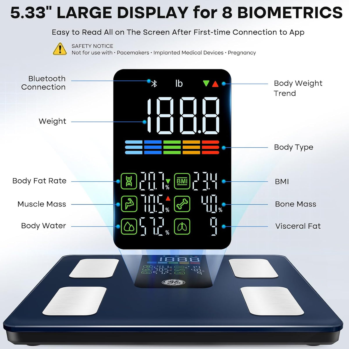 Smart Scale for Body Composition, Weight, BMI, 500lb, Large 11.8-Inch