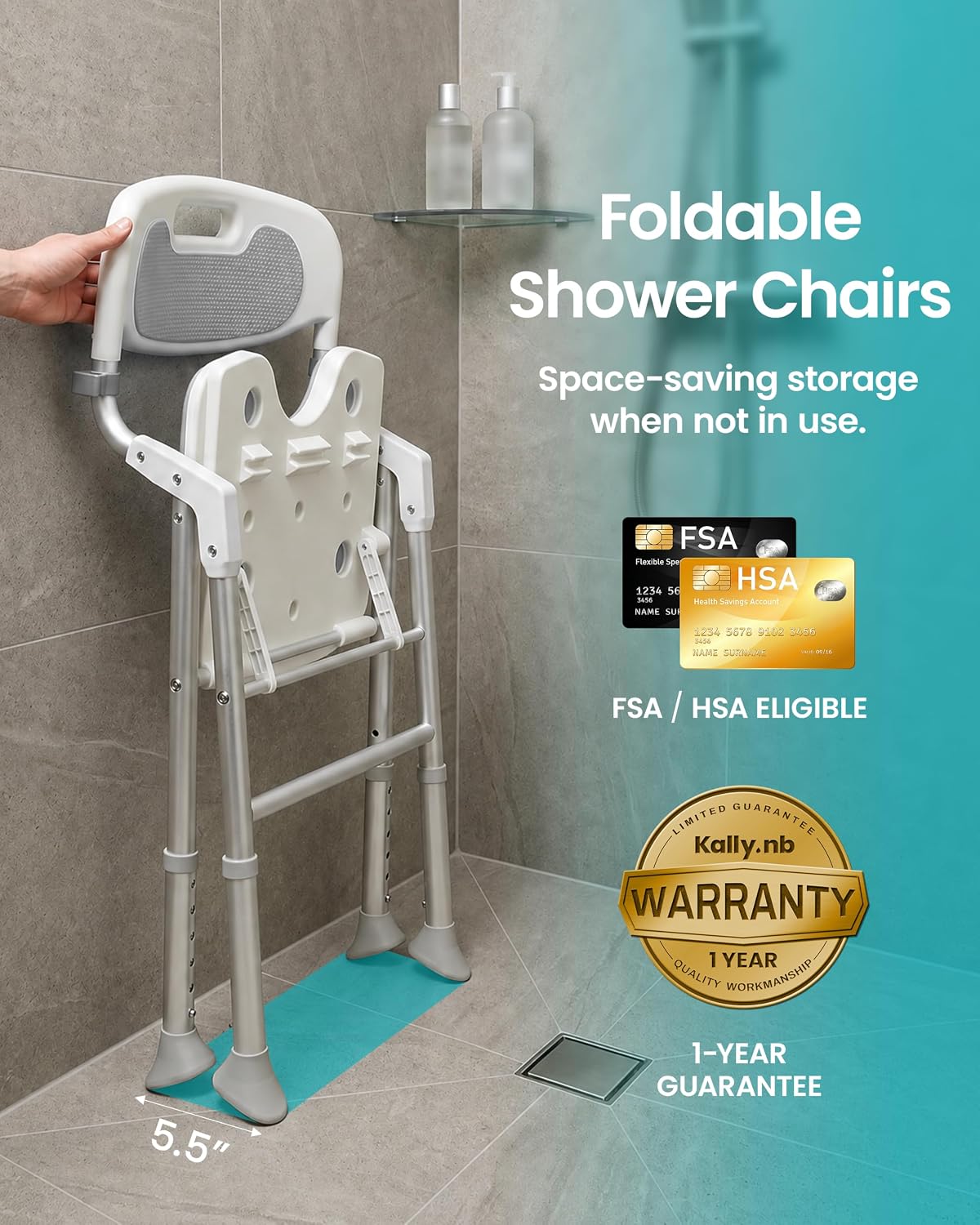 Folding Shower Chair for Inside Shower, Arms and Back, Wide Seat, 400 lb
