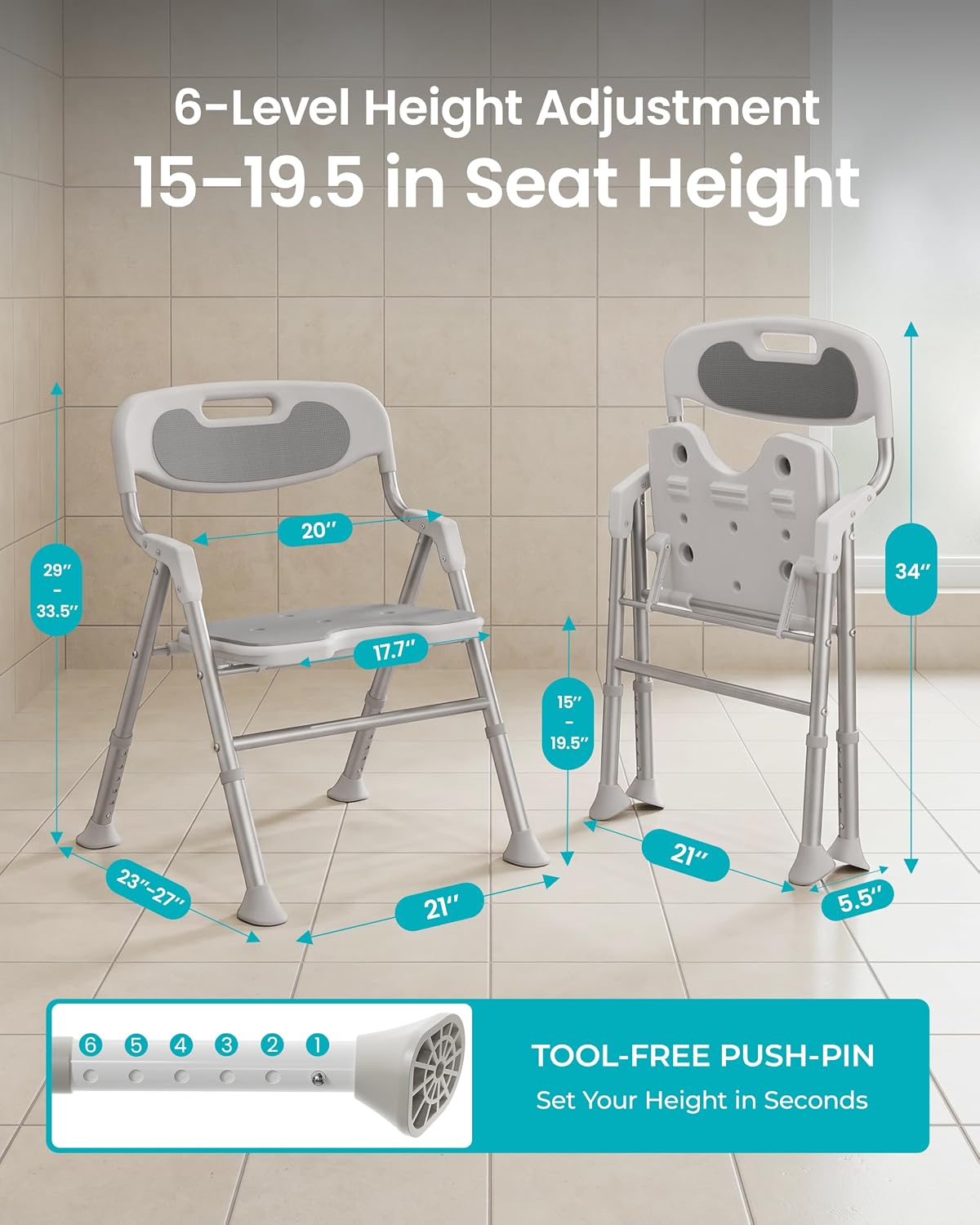 Folding Shower Chair for Inside Shower, Arms and Back, Wide Seat, 400 lb