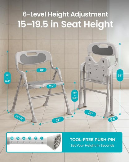 Folding Shower Chair for Inside Shower, Arms and Back, Wide Seat, 400 lb