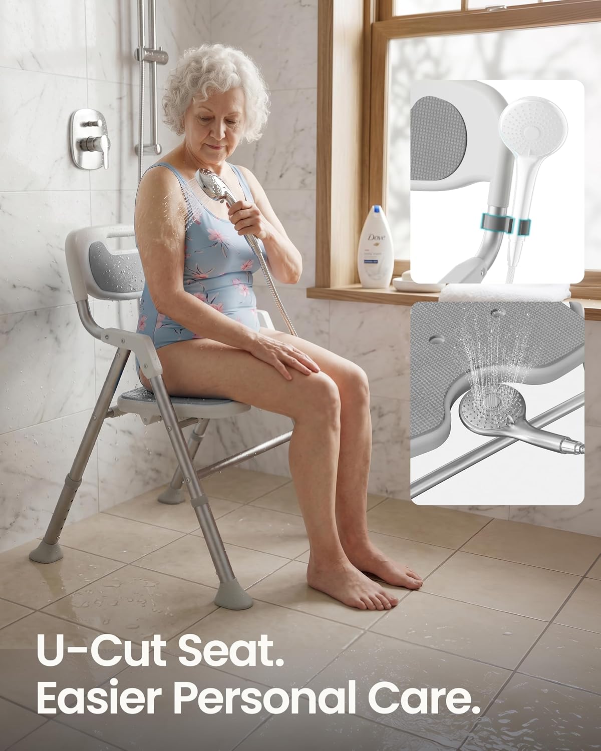 Folding Shower Chair for Inside Shower, Arms and Back, Wide Seat, 400 lb
