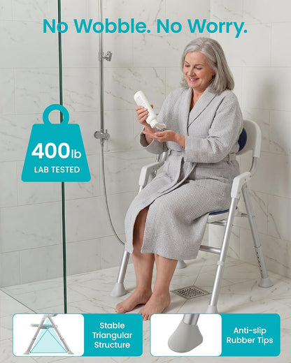 Folding Shower Chair for Inside Shower, Arms and Back, Wide Seat, 400 lb