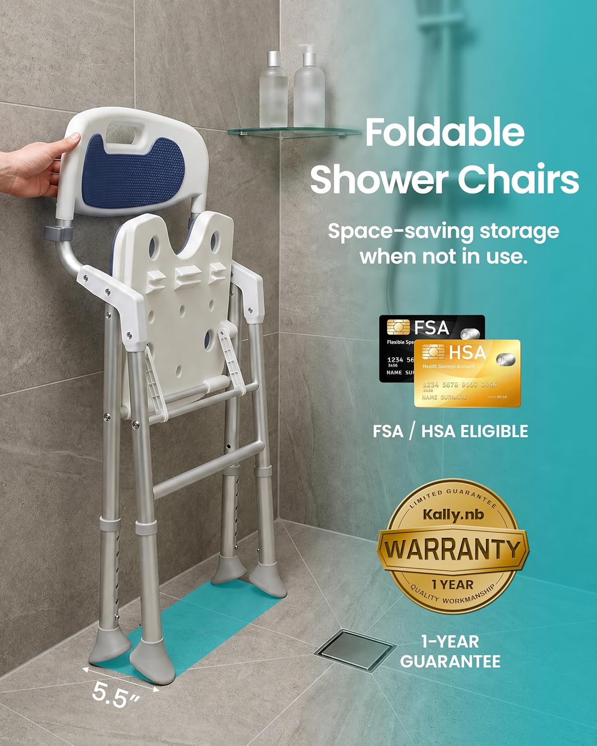 Folding Shower Chair for Inside Shower, Arms and Back, Wide Seat, 400 lb