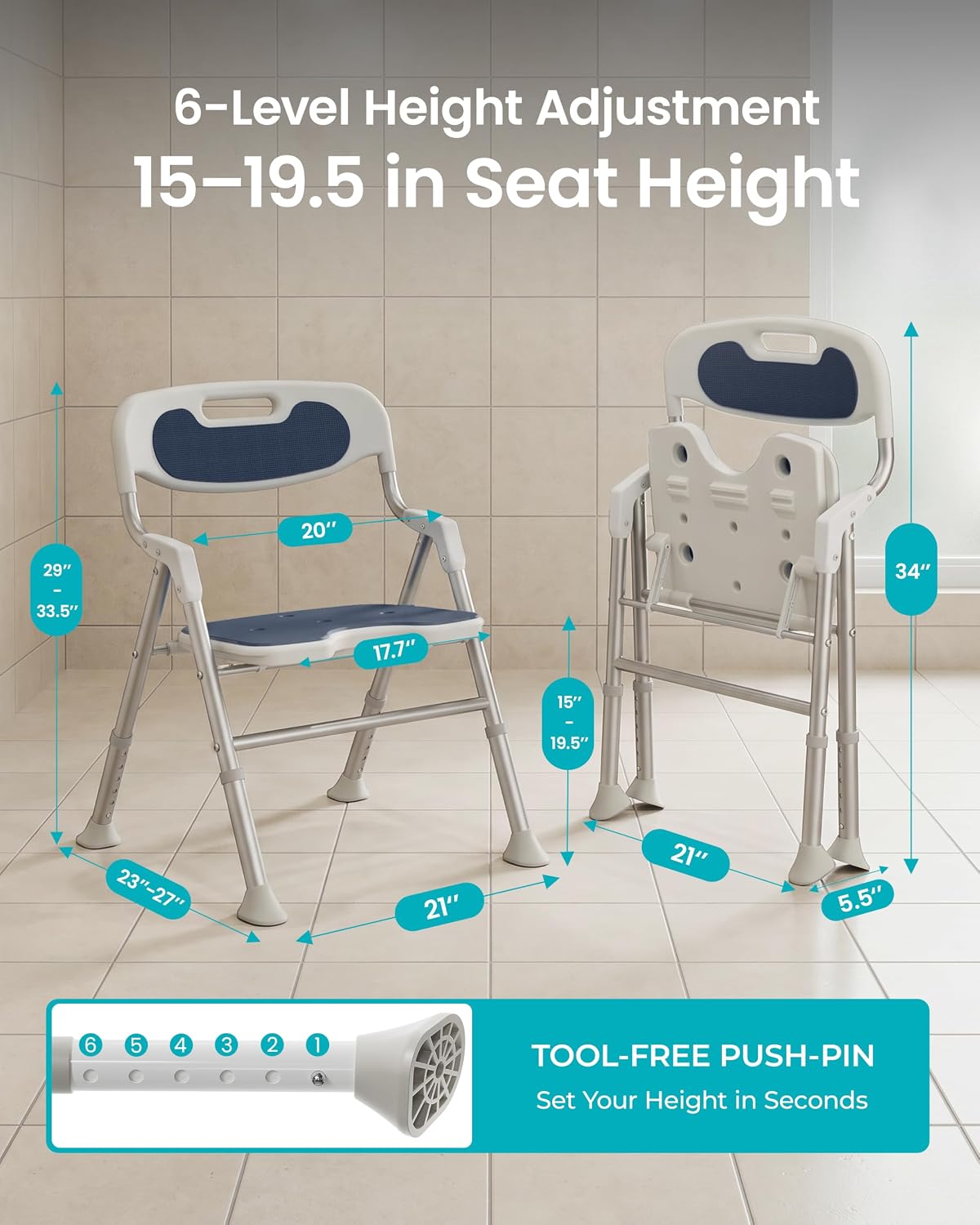 Folding Shower Chair for Inside Shower, Arms and Back, Wide Seat, 400 lb