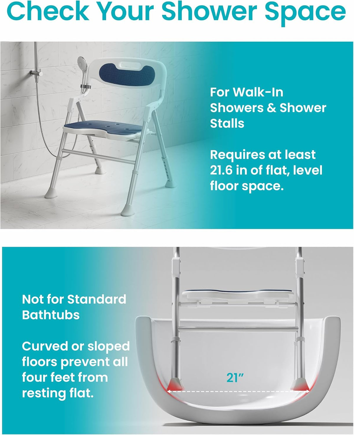 Folding Shower Chair for Inside Shower, Arms and Back, Wide Seat, 400 lb