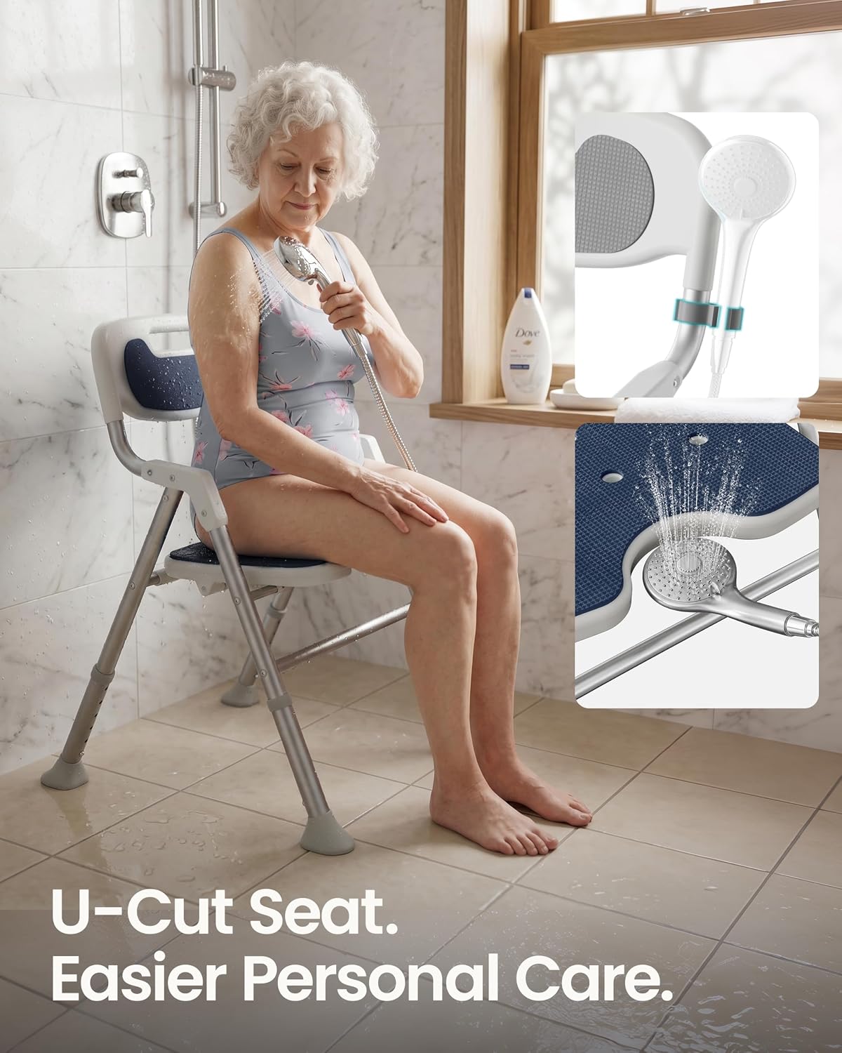 Folding Shower Chair for Inside Shower, Arms and Back, Wide Seat, 400 lb