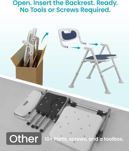 Folding Shower Chair for Inside Shower, Arms and Back, Wide Seat, 400 lb