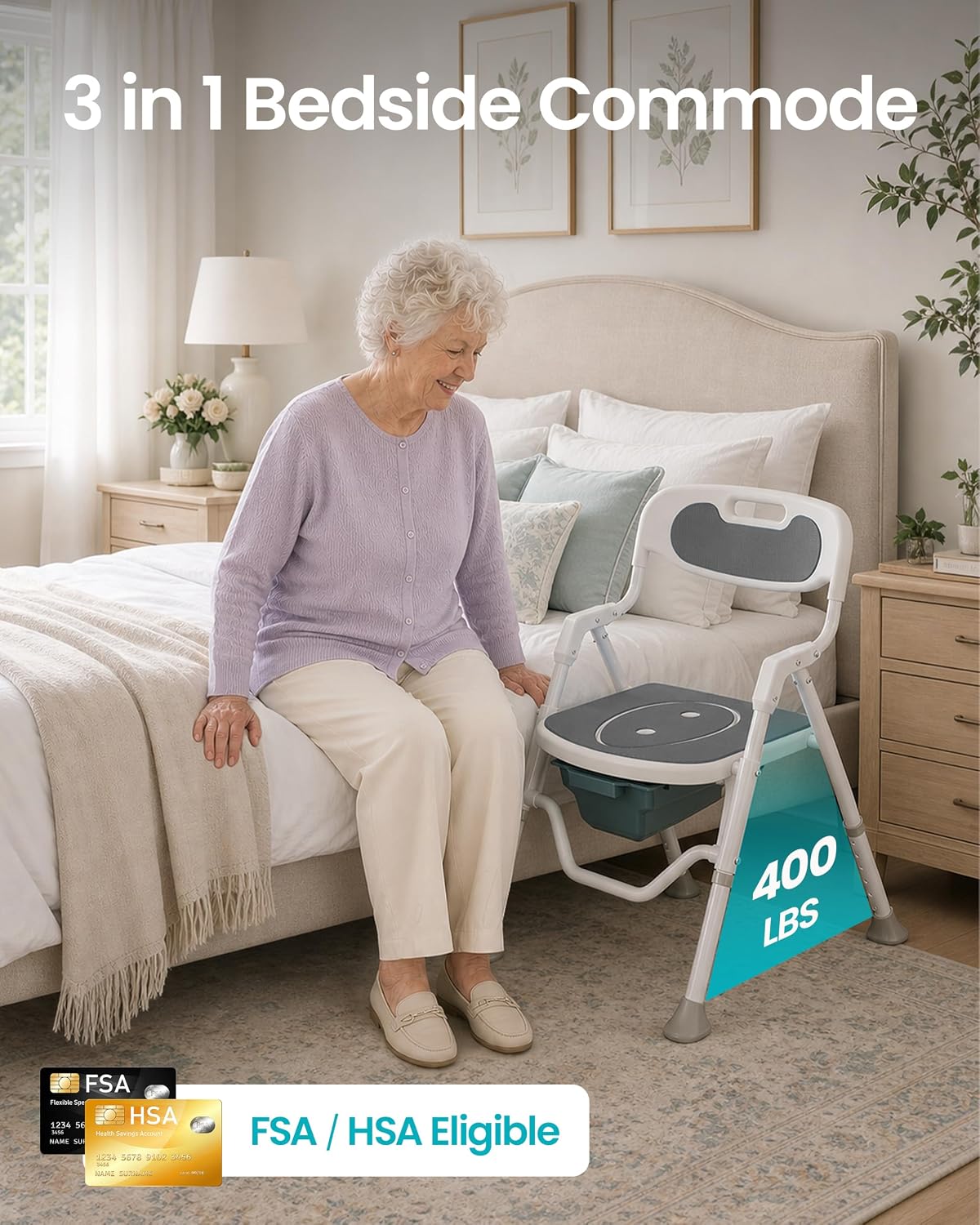 Folding Shower Chair for Inside Shower, Arms and Back, Wide Seat, 400 lb