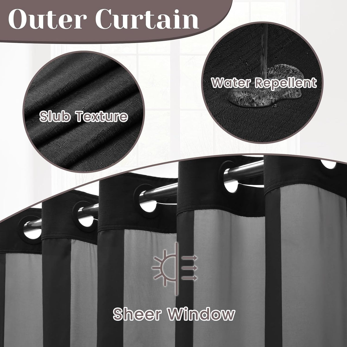 Ringless Slub Shower Curtain with Snap in Liner, 71x74, Black - Colors B
