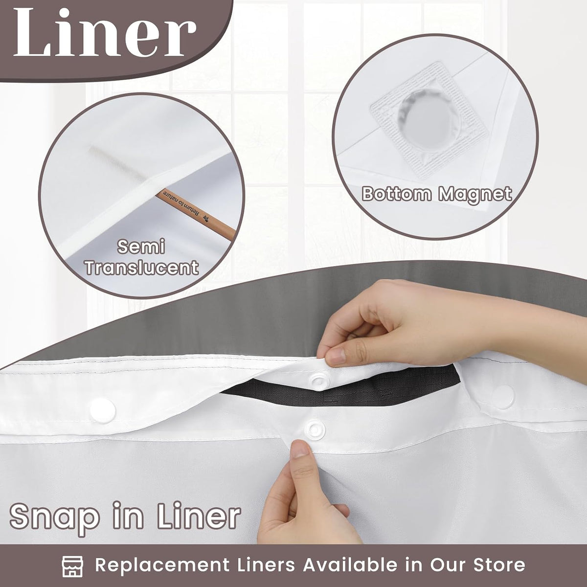 Ringless Slub Shower Curtain with Snap in Liner, 71x74, Black - Colors B