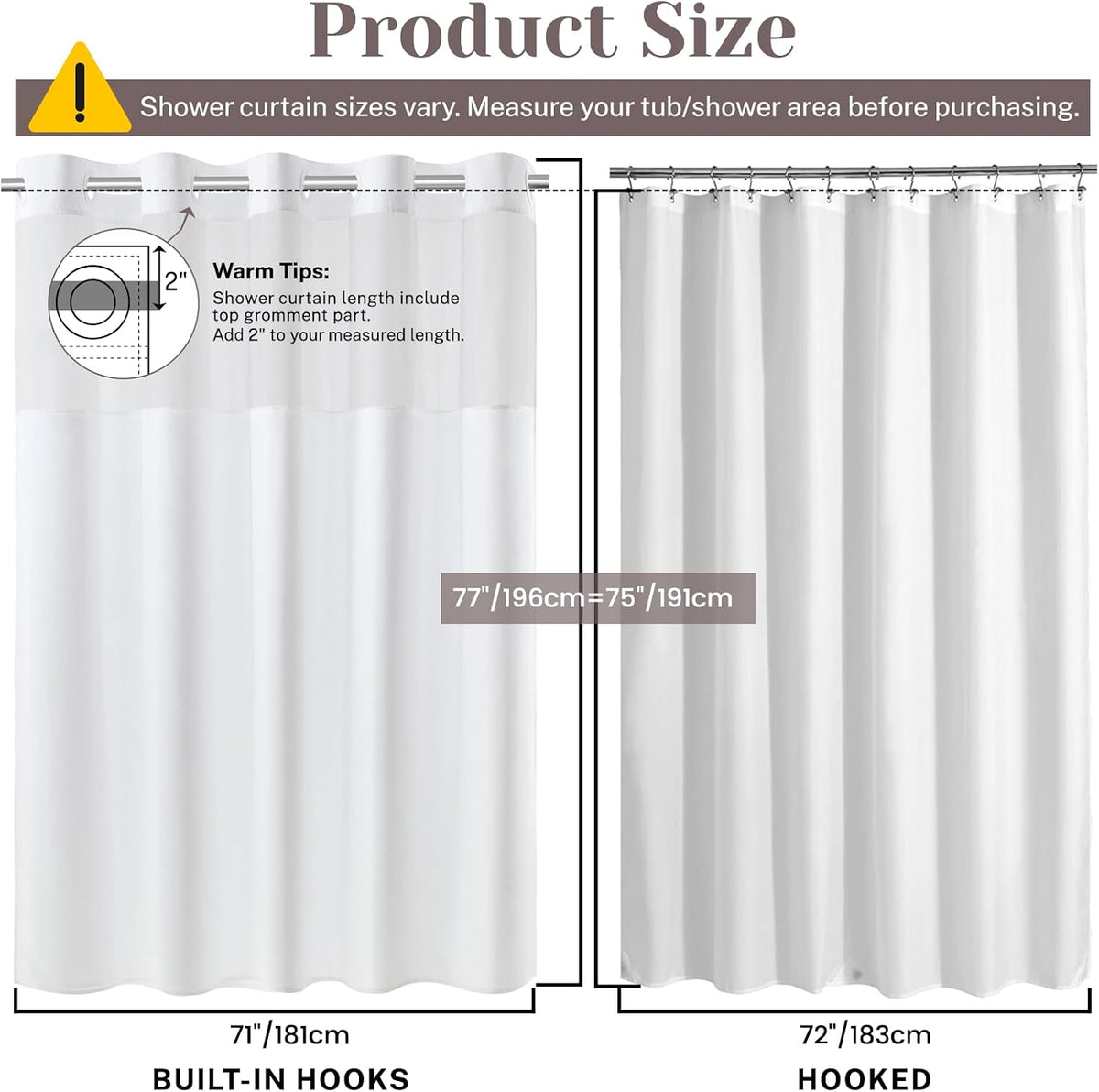 Ringless Slub Shower Curtain with Snap in Liner, 71x74, Black - Colors B